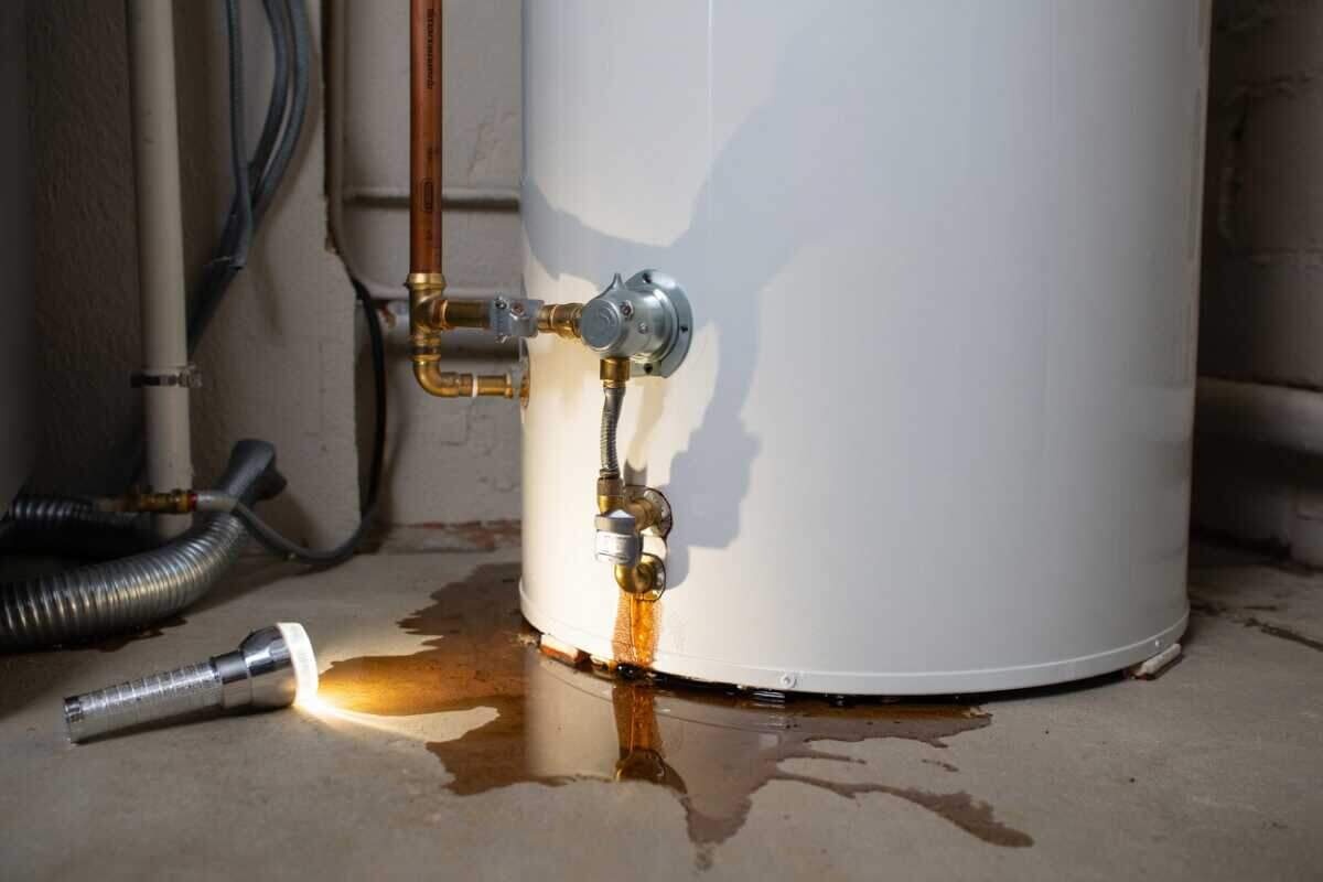 Rust-stained water leaking from the base of a water heater and pooling on a concrete floor