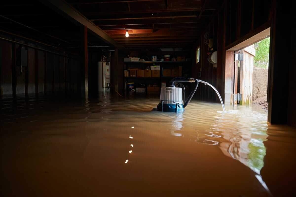 Submersible pump running in a flooded lower level, discharging muddy water out the open door