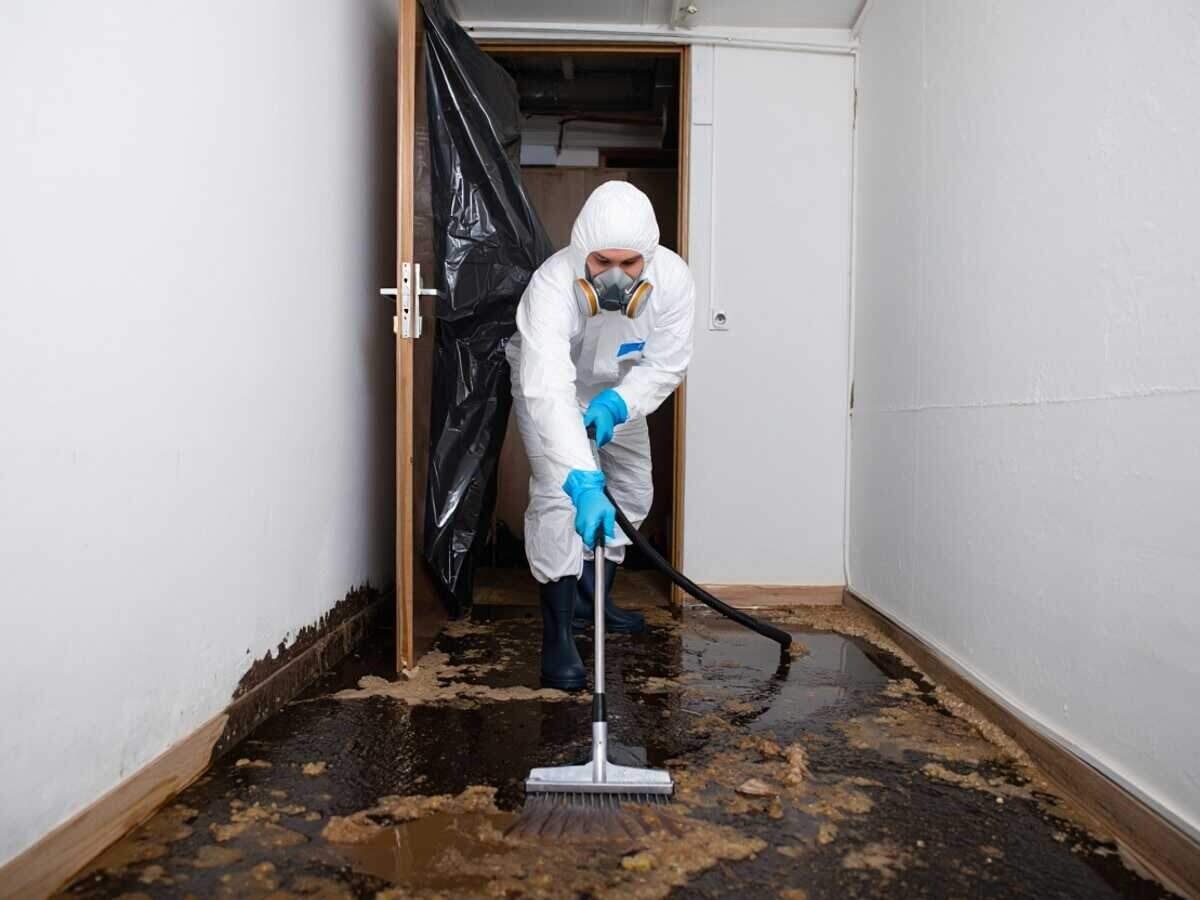 Contaminated water backed up across a bathroom floor in an Austin home