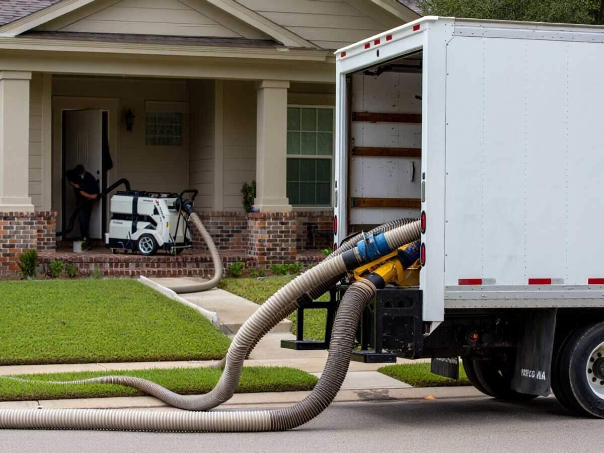 Truck-mounted extraction unit pulling water from an Austin home